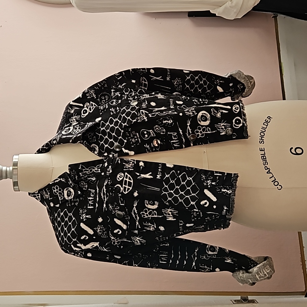 Black and white graffiti cropped denim jacket
